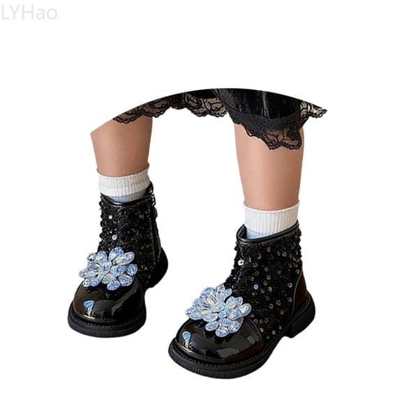LYHao Ankle Boots For Girls Fashion Winter Short Booties With Glitter Casual Style ,Girls Boots Sizes 10 Black(3.5-4 Years)