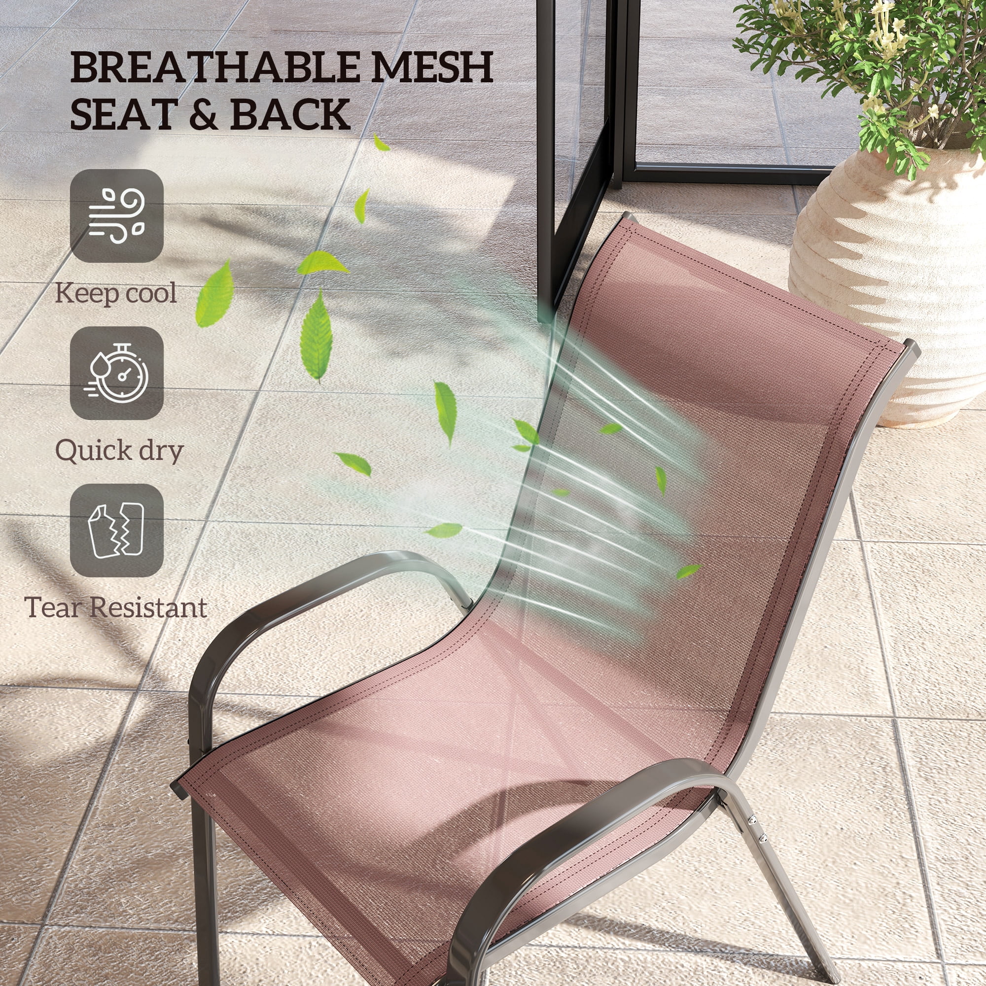 Outdoor Dining Chairs Set of 4, Stackable Outdoor Patio Chairs with High Back, Breathable Mesh Seat for Garden Lawn Backyard, Brown