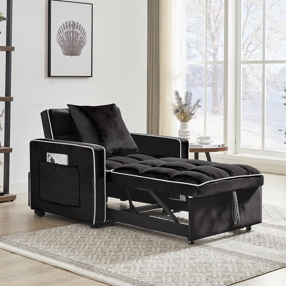 LUCKHAO Modern Convertible Futon Folding Sofa Bed, 3-in-1 Multi-Functional Sleeper Velvet Chair Bed, Adjustable Backrest into a Sofa Recliner for Living Room Bedroom Apartment Small Space