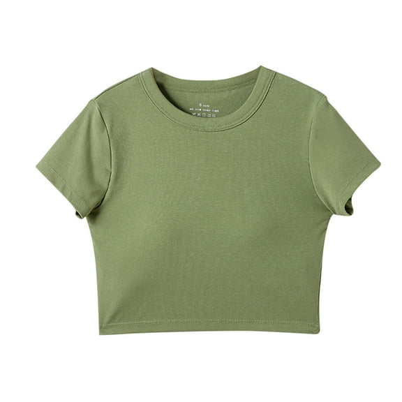Einccm Teen Girls Short Sleeve T-Shirt with Built-in Bra, Fitted Round Neck Top in Soft Breathable Fabric for Casual School Outdoor Wear, Ages 14-19, 6 Solid Colors