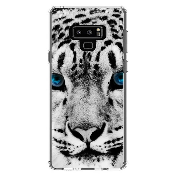 DistinctInk Clear Shockproof Hybrid Case for Samsung Galaxy Note 9 - TPU Bumper, Acrylic Back, Tempered Glass Screen Protector - Snow Leopard Blue Eyes - Animal Print