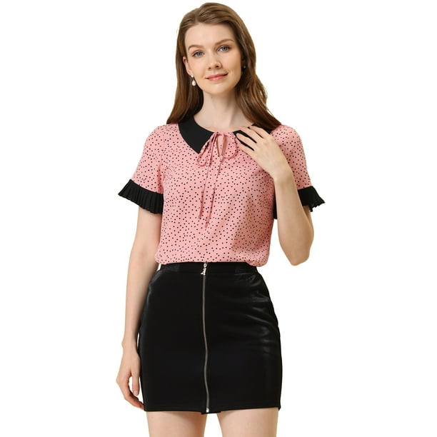 Blusa de lunares de manga corta con cuello Peter Pan en contraste vintage para mujer rosa negro XS