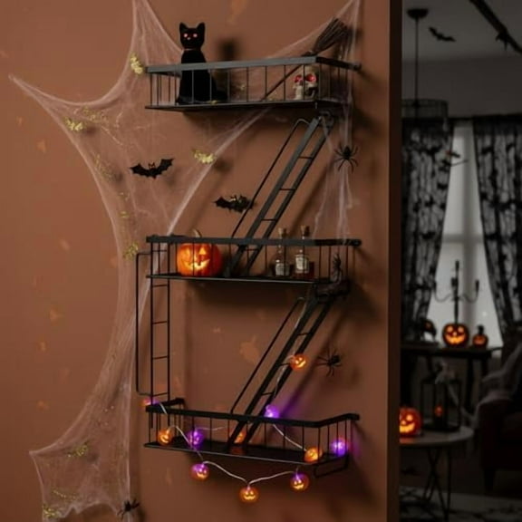 Fire Escape Wall Shelf - New York Decorative Ladder Shelf, Wall Art Floating Shelf Black Metal Shelves for Bedroom, Home Office Storage and Display (3-Tier)