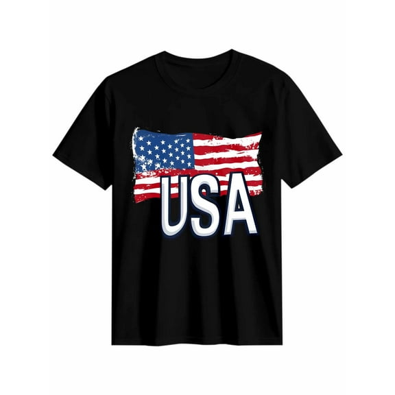 Women's T-Shirt Independence Day Patriotic USA Flag Short Sleeve Casual Tee Classic Crew Neck T Shirt for Women Black, L