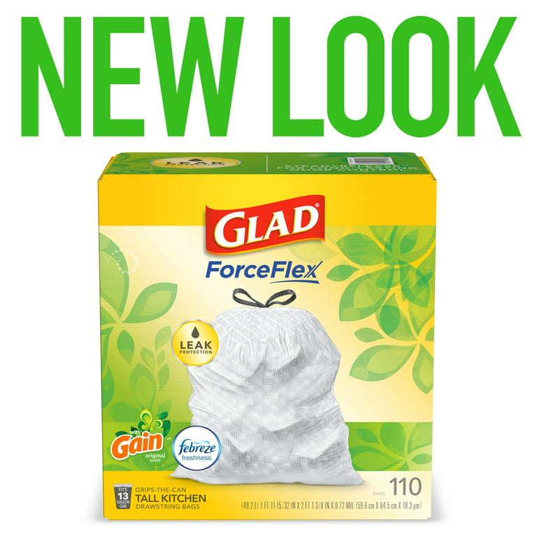 Glad ForceFlex Tall Kitchen Drawstring Trash Bags 13 Gallon White Trash Bag  Gain Original scent with Febreze Freshness 110 Count - Office Depot