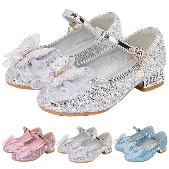 RTKFRFLM Girls Sequin Princess Heels Sparkling Party Dress Shoes for Little Girls Blue 6-7 Years