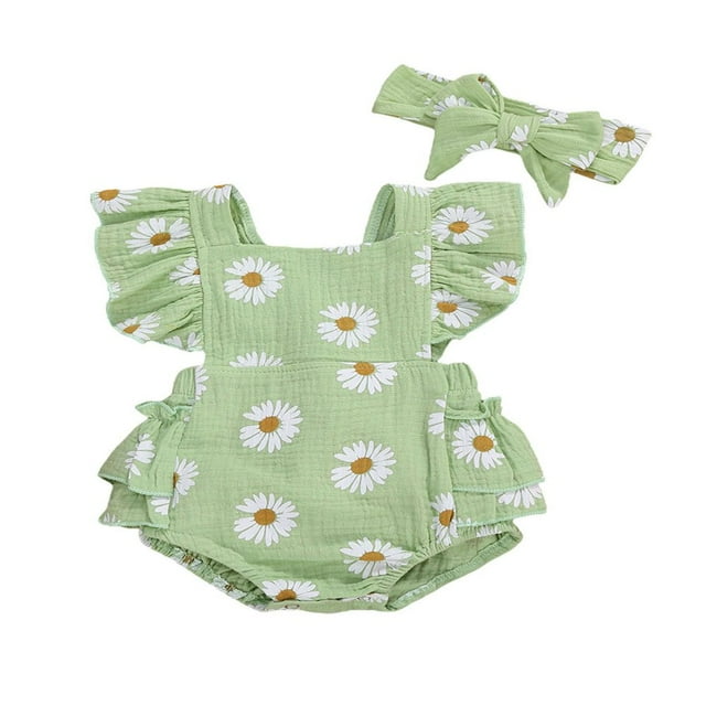 MesaSe Infant Baby Girls Daisy Romper Ruffle Bodysuit Floral Jumpsuit+Headband Clothes