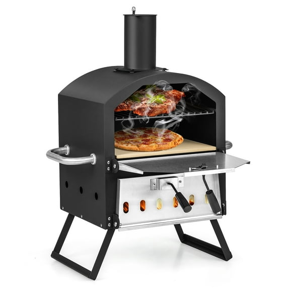 Patiojoy Outdoor Pizza Oven for Cooking 2 Pizzas Wood Fire Pizza Stone w/ Pizza Peel Pizza Stone Waterproof Cover Fold-up Legs