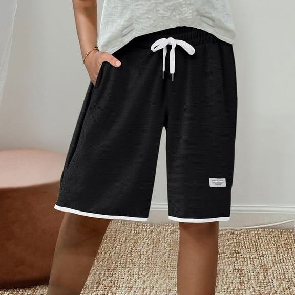 OHGOD Womens Sweat Shorts for Pockets - Comfy Shorts for Women - Womens Cotton Shorts - Black Sweat Shorts for Women - Cozy Waffle Weave Casual Shorts with Elastic Waistband for Comfort - Black - 2XL