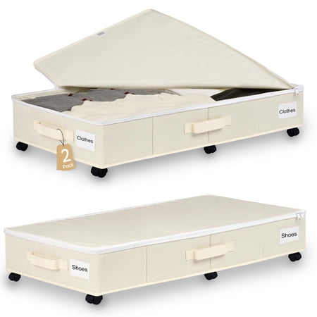 Under Bed Storage with Wheels 2 Pack Under Bed Storage Containers with Label Holders for Clothes Shoes and Blankets Rolling Underbed Shoe Organizer with Cover