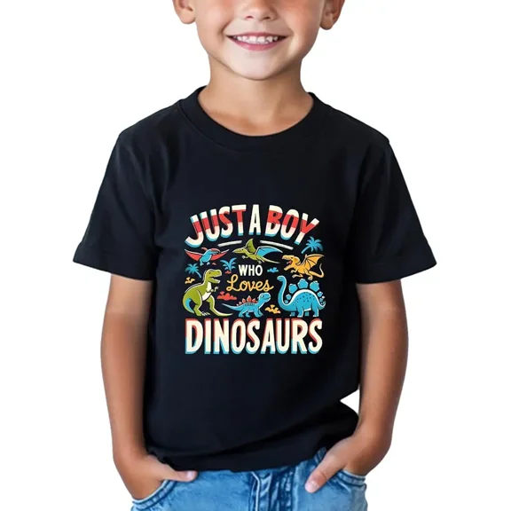 children’s wear Just A Boy Who Loves Dinosaurs Retro Graphic T-Shirt for Kids and Toddler Boys Cute Colorful T-Rex Dino Shirt
