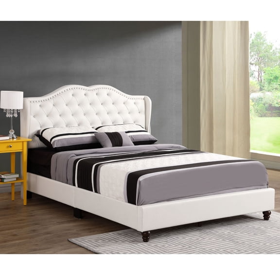 Noble House Transitional Full Upholstered Bed with Tufted Headboard, Faux Leather, White