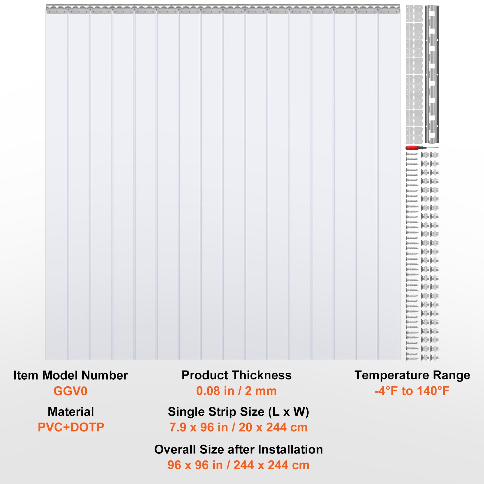 KFFKFF Strip Curtain PVC Door Curtain 96" x 96" Cooler Freezer Clear Plastic