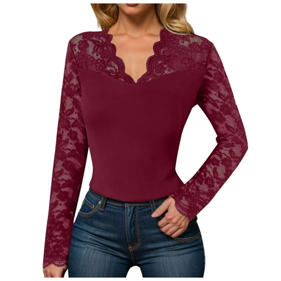 YDFCWXW Lace Crochet Long Sleeve Top for women Deep V Neck Slim Fit Contrast Sheer Mesh Blouse Shirts Y2k Going Out Tops Red, XXL