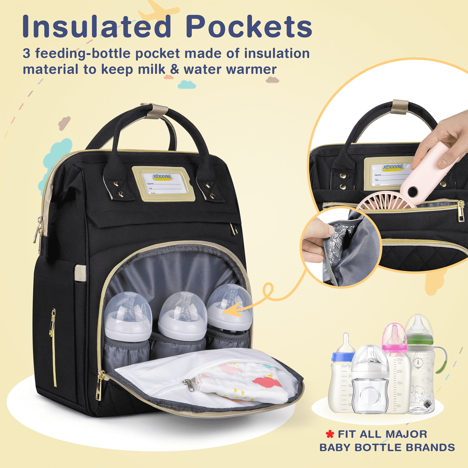 GPED Diaper Bag Backpack, Multifunctional Baby Changing Bag with Insulated Milk Bottle Pocket & Stroller Strap, Large Capacity Travel Backpack with USB Charging Port, Baby Bags for Boys Girls(Black)