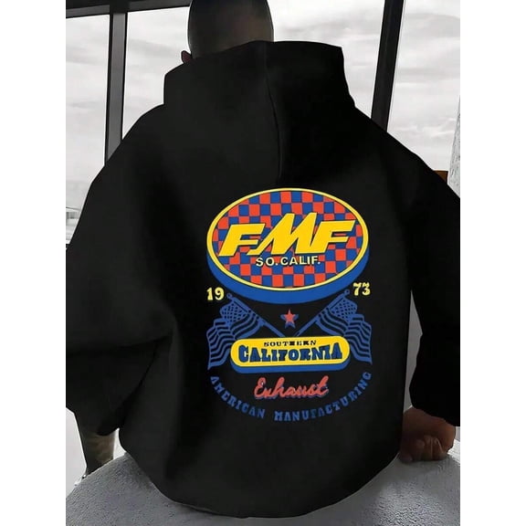 Men's Text Print Drawstring Hoodie Sweatshirt Y2K Streetwear Black FMF Racing-Inspired Graphic Hooded Sweatshirt - Motorcycle Motocross Design With Checkered Flag & Sponsor Logos Heavyweight 1970s