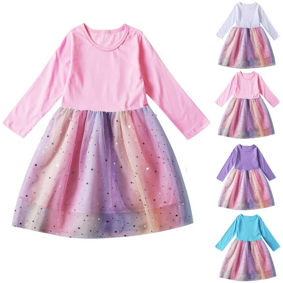 NAISIBABY Casual Dress for Girls, Long Sleeve Mesh Splicing Crew Neck Cute Cotton Sundress Pink 9-10T