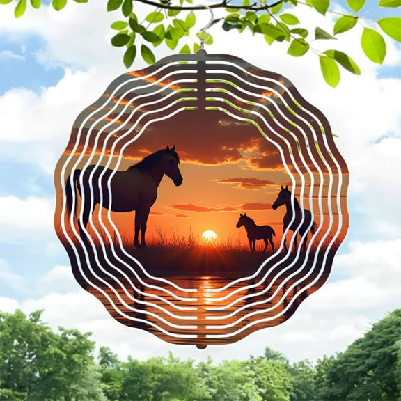 Serene Sunset Metal Wind Spinner - Circular Pattern Design for Yard & Garden - Beautiful Reflective Wind Chimes with Horses