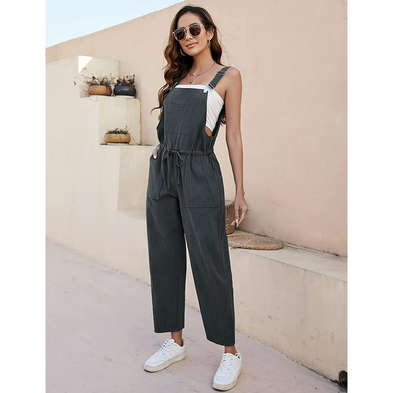 DanceeMangoos Women s Fashion Cotton Linen Adjustable Strap Drawstring Waist Bib Overalls Jumpsuit