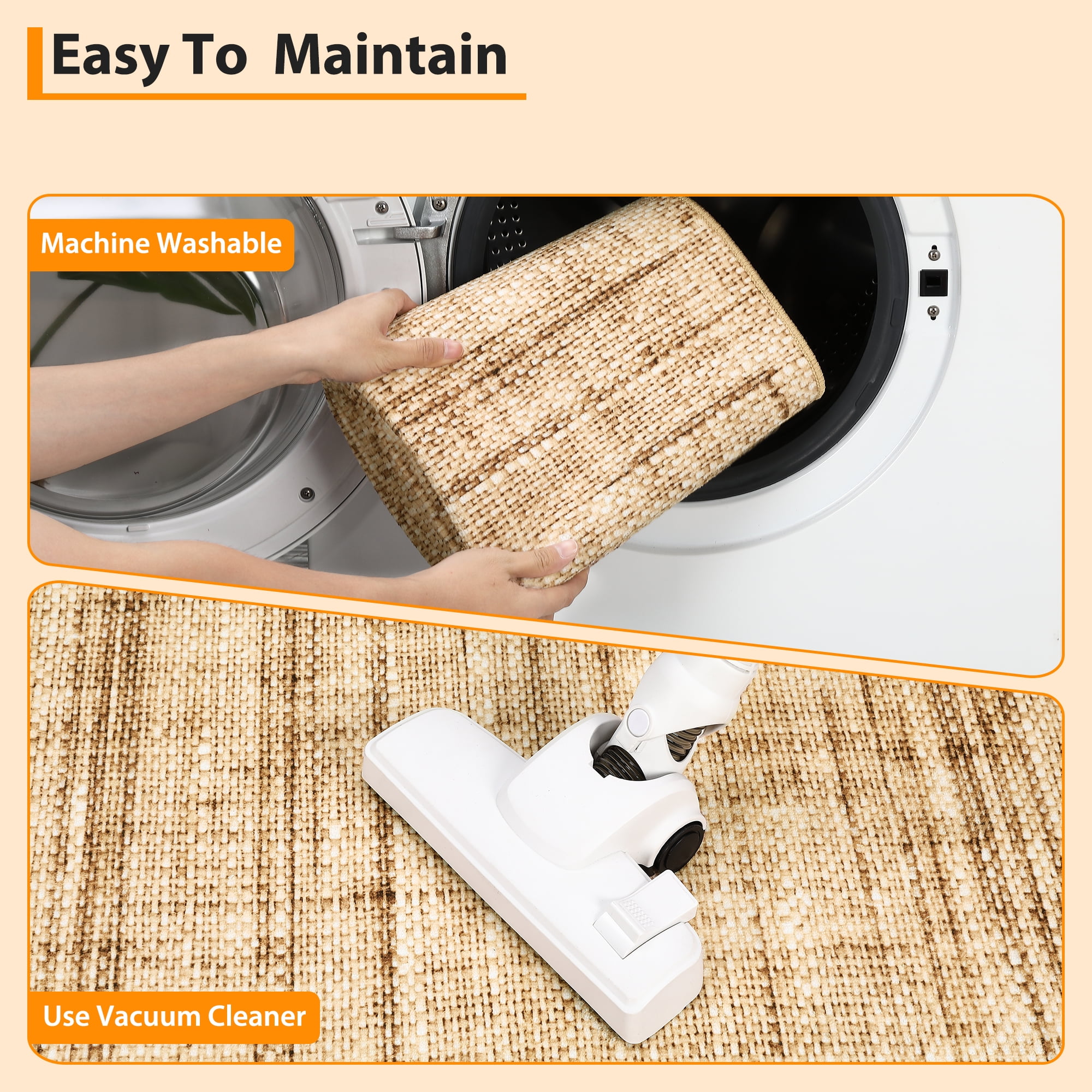 FairOnly 8'x10' Linen Machine Washable Area Rugs for Kitchen Family Room Low Pile Stain-Resistant Rugs Natural Carpet
