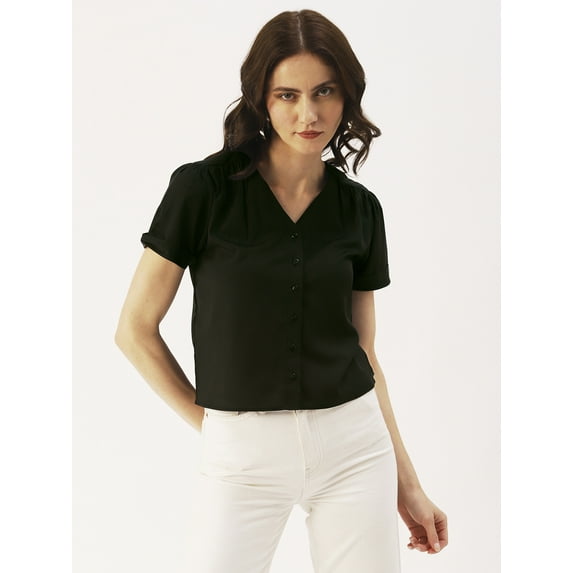 DressBerry Women’s Solid Poly Crepe Short Sleeves Top Buttoned Front V Neck Waist Length Straight-Cut Light Weighted Casual Summer Shirt