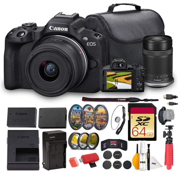 Canon EOS R50 Mirrorless Camera Bundle with 18-45mm & 55-210mm Lenses, 24.2MP APS-C, 4K Video, Dual Pixel AF II   64GB Card
