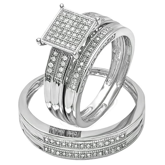 Dazzlingrock Collection Round White Diamond Square Head Engagement Trio Ring Set for Men & Women (0.27 ctw, Color I-J, Clarity I2-I3) 925 Sterling Silver, Womens size 4 and Mens size 13