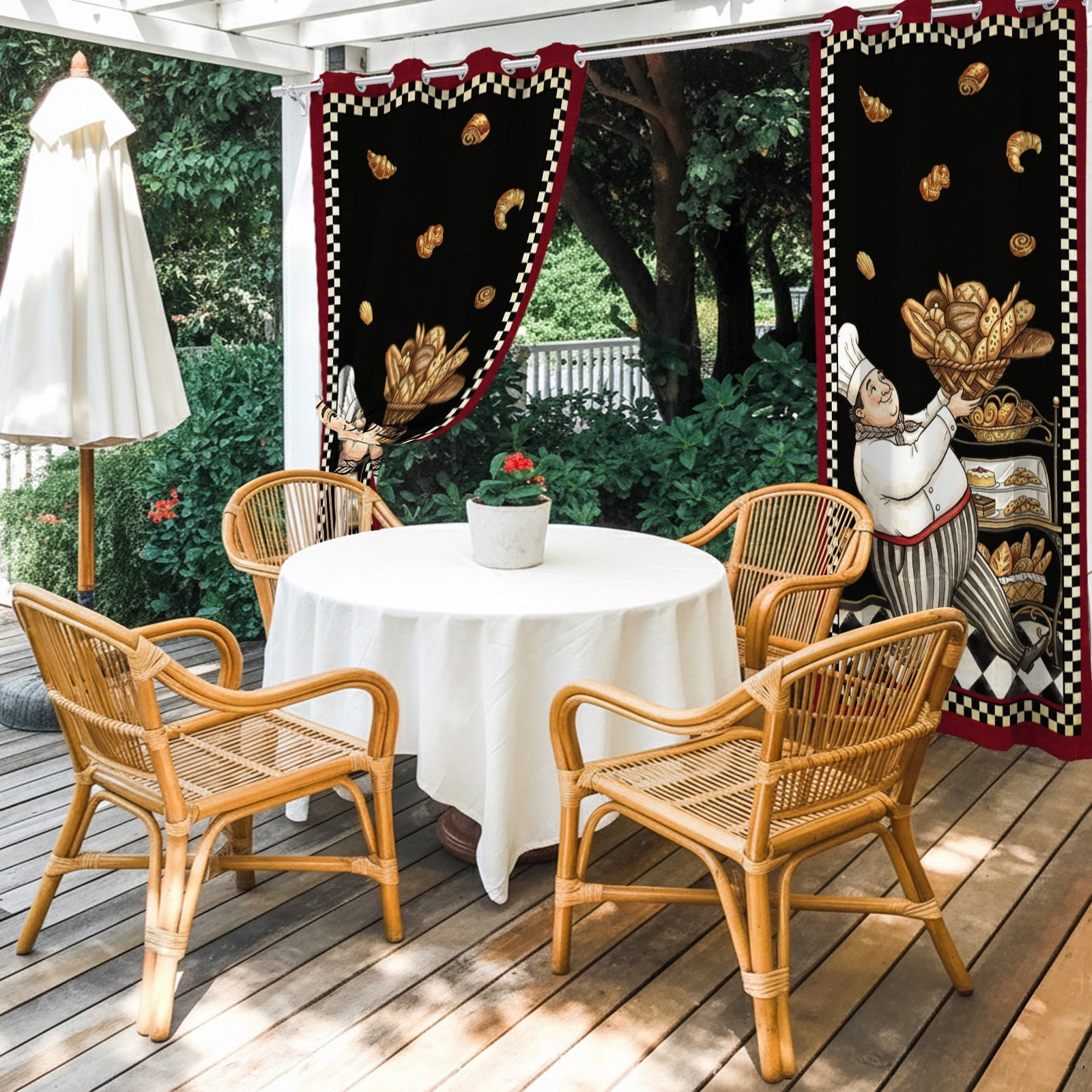 Retro Cartoon Chef Outdoor Curtains for Patio, Vintage Break Farmhouse Traditional Food Black Plaid Sunshade Privacy Drapes Grommet Waterproof Outside Curtains for Porch Balcony 54"x108", 1 Panel