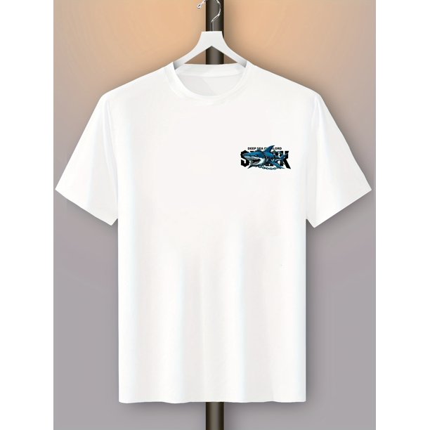 Men's Trendy Street Style Shark Graphic Print T-Shirt - Crew Neck, Short Sleeve, Stretch Fabric, Casual Summer Tee with "DEEP SEA OVERLORD" Design