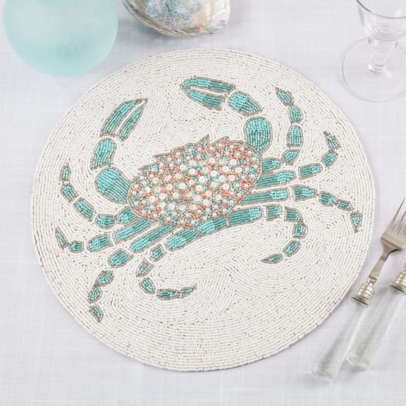 Fennco Style Hand Beaded Crab Coastal Placemat 15" Round, 1-Piece - Aqua Sea Life Table Mat for Home Décor, Dining Table, Family Gathering, Banquets, Beach House and Special Occasion