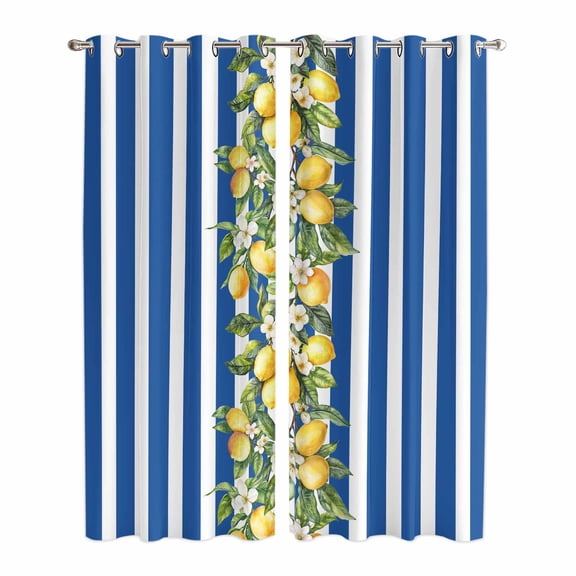 Blue Stripes Lemon Kitchen Curtains 84 Inch Length, Spring Fruit Flowers Leaves Line Grommet Top Bedroom Living Room Curtains, Light Filtering Cafe Curtain Drapes 2 Panels Set 84''x84''