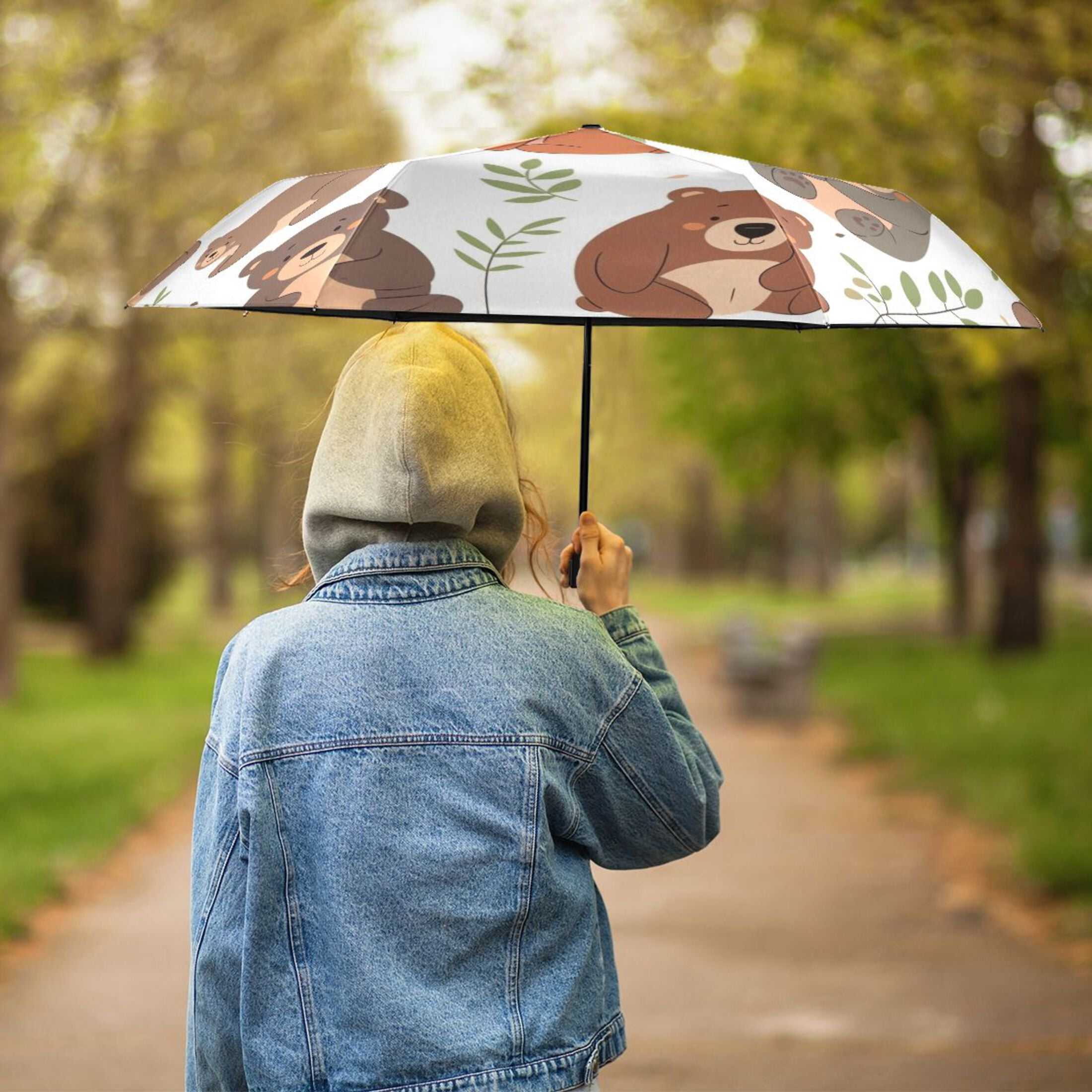 Compact Sun Umbrella Windproof Travel Umbrellas for Rain Strong Portable UV Protection Cute Bears with Leaf