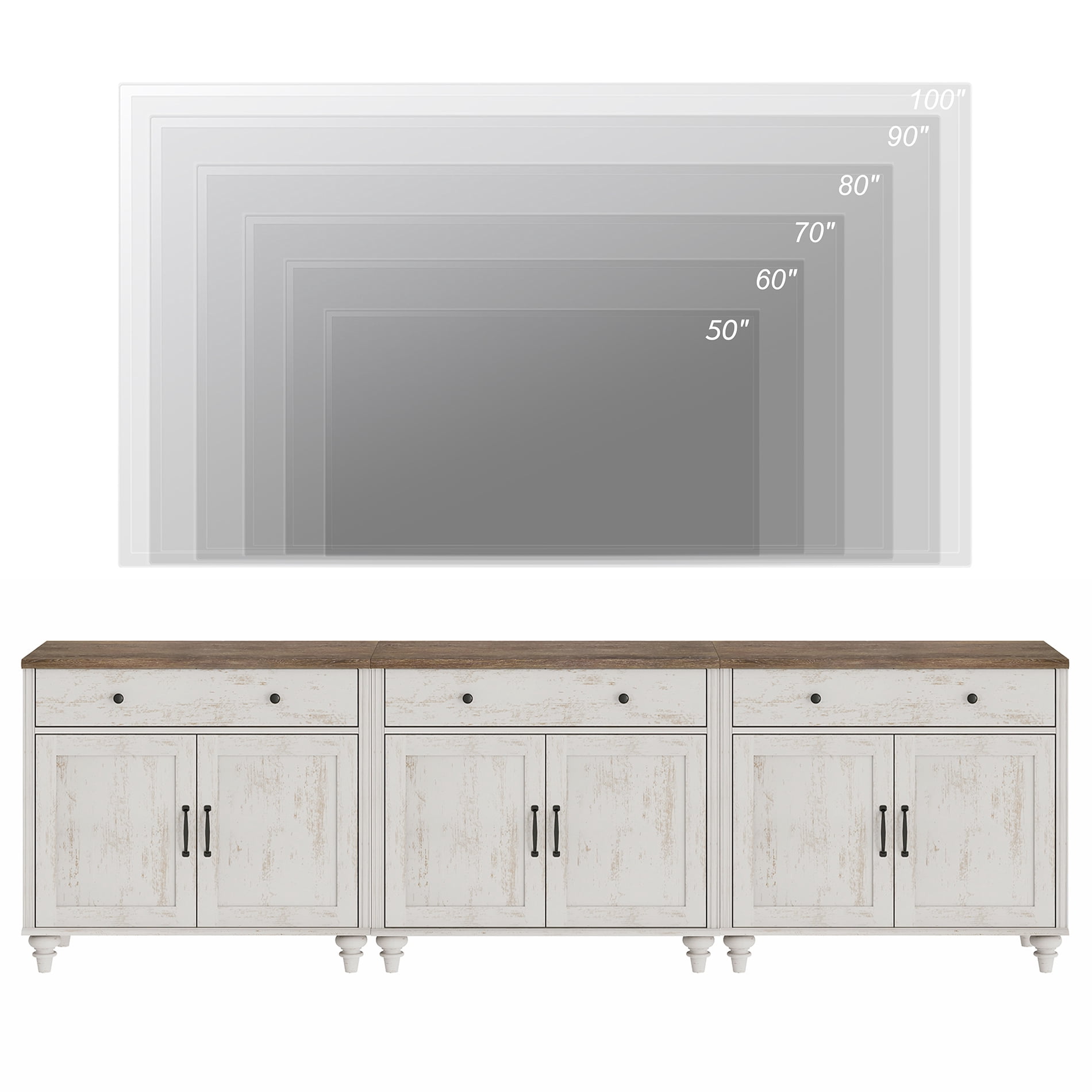 Rustic White Farmhouse TV Stand for 85 inch TV with Drawers & Doors