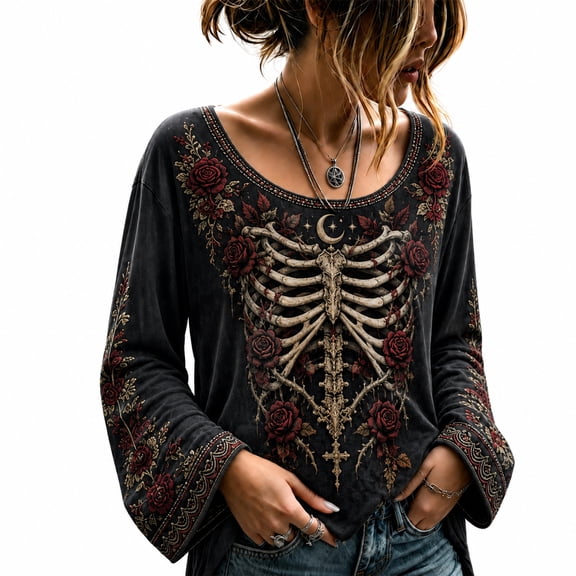 Women Halloween Shirt Boho Bell Sleeve Crewneck Graphic Top Casual Blouses Long Sleeve Floral Printed Spooky Season Apparel