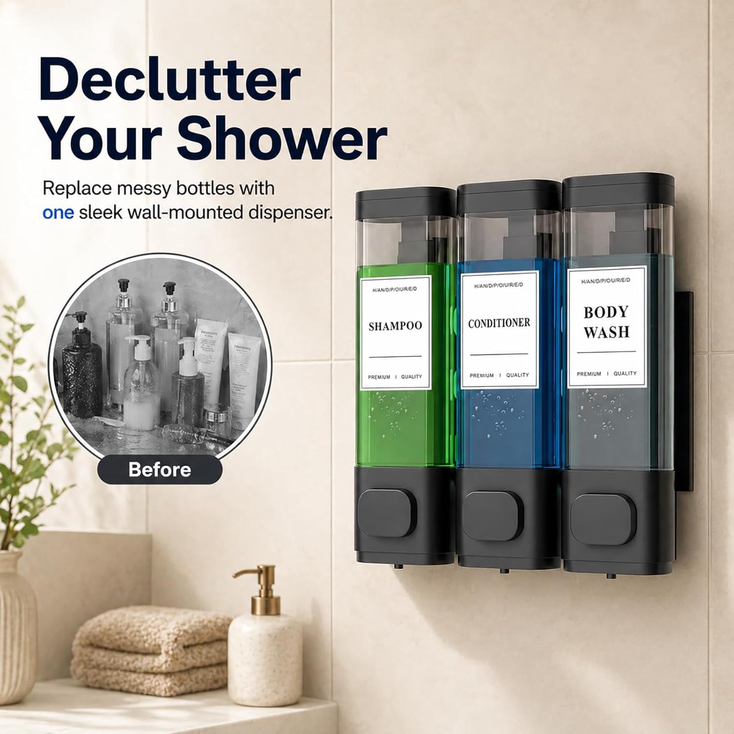 Shampoo and Conditioner Dispenser – Wall-Mounted Shower Soap Dispenser, No-Drill Installation, Lockable, 900 ml Capacity,for Bathroom & Hotel or Airbnb