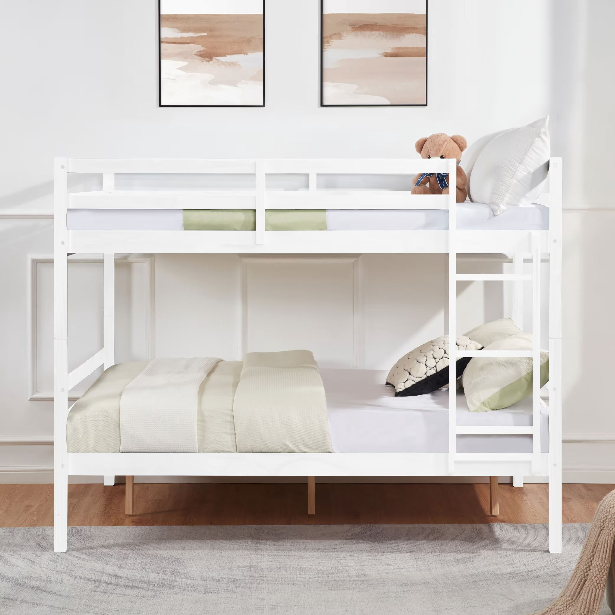 Full Over Full Bunk Bed, Solid Wood Bunk Bed Frame with High Guardrails and Ladder, Heavy Duty Wooden Slats, No Box Spring Needed for Kids, Teens, Guest Room, White