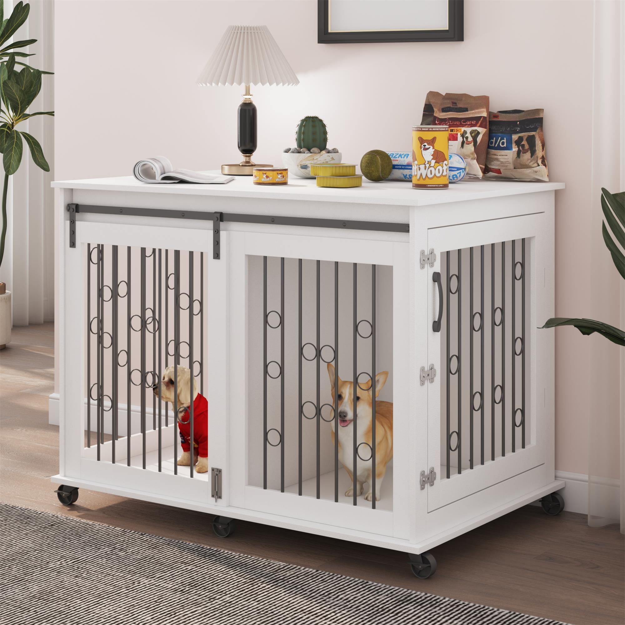 Pefilos 43" Dog Crate for Large Dogs Sliding Door Wooden Dog Cage with