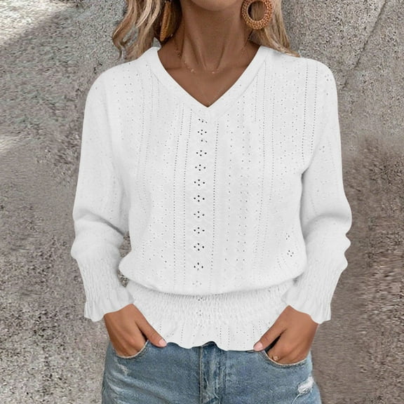 thefmos Women's Fall Winter V Neck Long Sleeve Eyelet Ruffle Pullover Tops Cute Boho Casual Blouses Basic Solid Tunic Shirts Loose Fit Comfy Sweatshirts Clothes, White S
