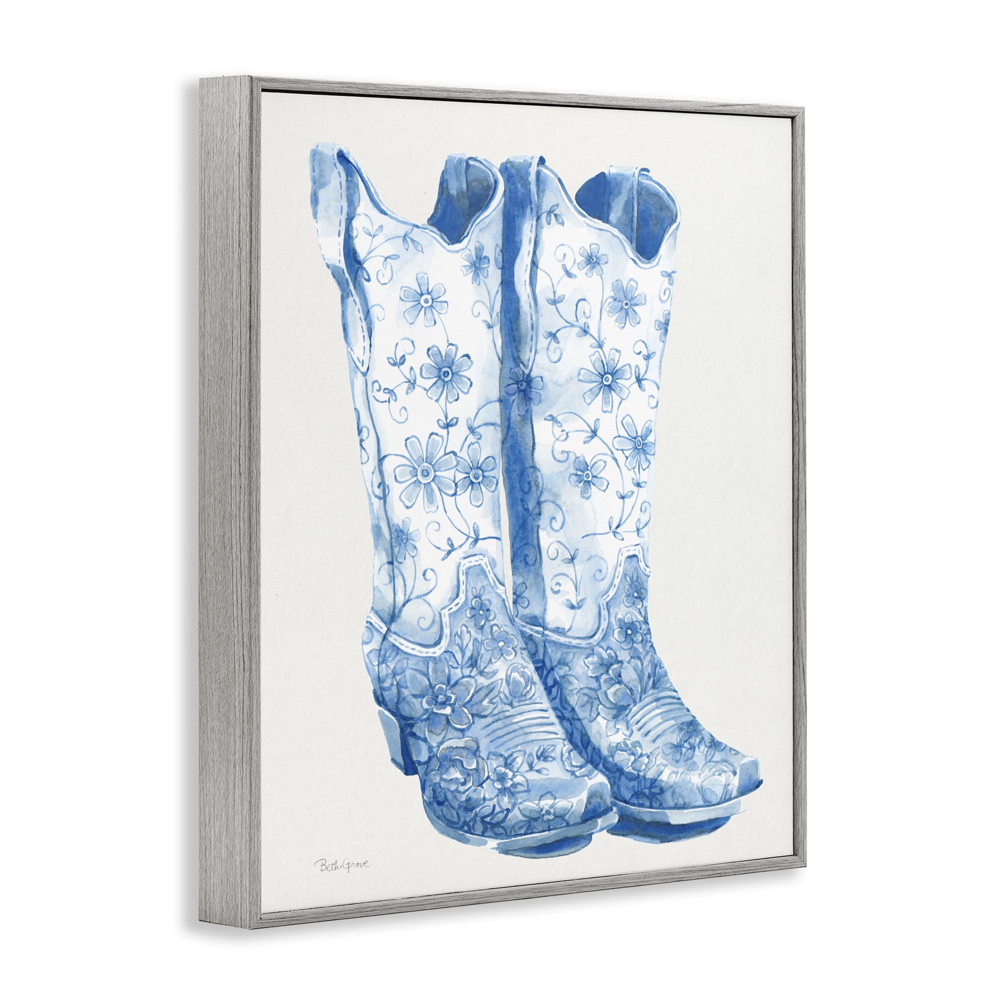 Stupell Industries Blue Boots with Floral Embroidery Gray Framed Giclee Art, design by Beth Grove
