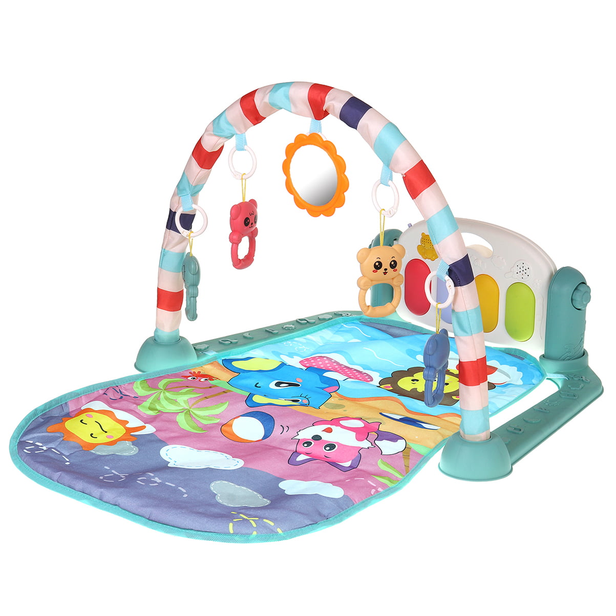 UNIH Baby Activity Gym Rack Piano Fitness Playmat & Pull-Back Vehicle Soft Toys with Play Mat 
