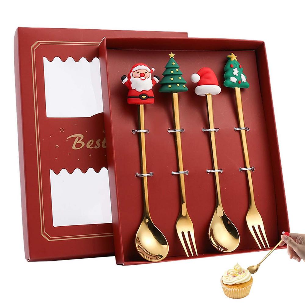 Tohuu Creative Christmas Fork Spoon Set 4 Pieces Stainless Steel Spoons