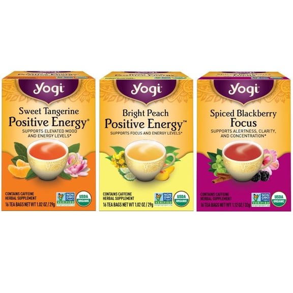 Yogi Tea - Morning Energy Variety Pack (3 pack) - Peach Bergamot Bright Day, Sweet Tangerine Positive Energy, Spiced Blackberry Focus - 48 Organic Tea Bags
