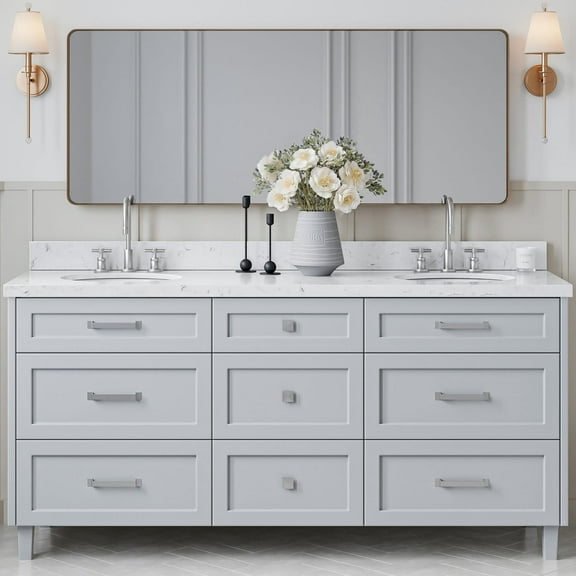 ARIEL Monroe 72 Inch Double Oval Sink Bathroom Vanity With Carrara White Quartz Countertop 1.5 Inch Edge In Grey