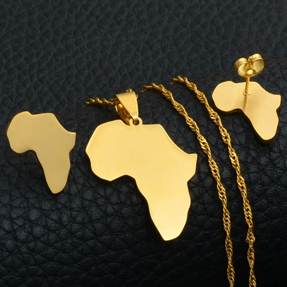 Africa Map Sets Pendant Necklace and Earrings 14K Gold African Maps Jewelry Set for Women Gitls