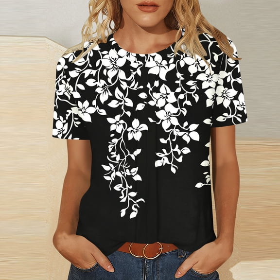 Uootdi Womens Summer Tops Floral Print Graphic Crew Neck Short Sleeve T Shirts Colorblock Casual Tops for Women Vintage Dressy Loose Fit Trendy Outfits Gift