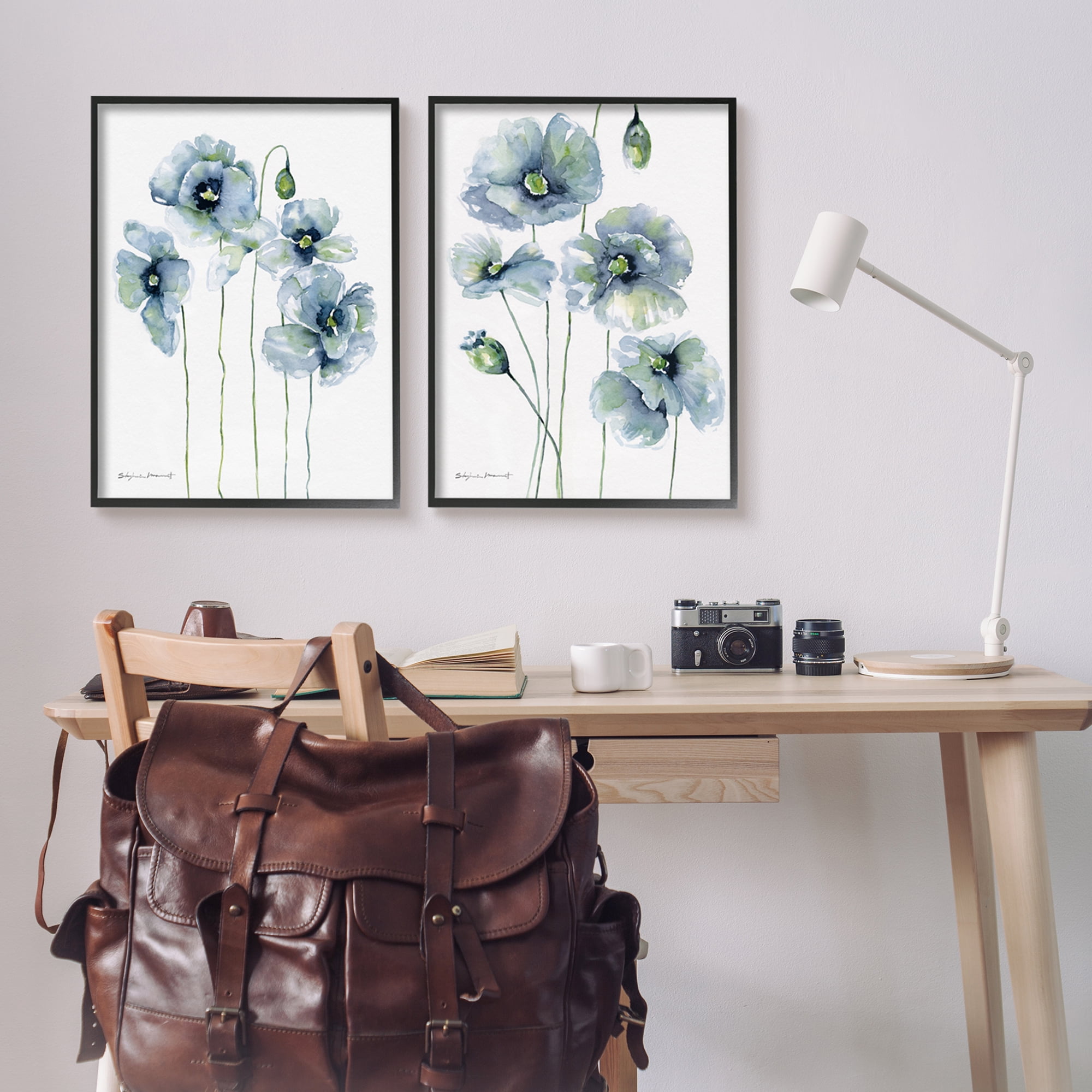 Stupell Blue Poppies Blooming Garden Flowers Botanical & Floral Painting Black Framed Art Print Wall Art, Set of 2