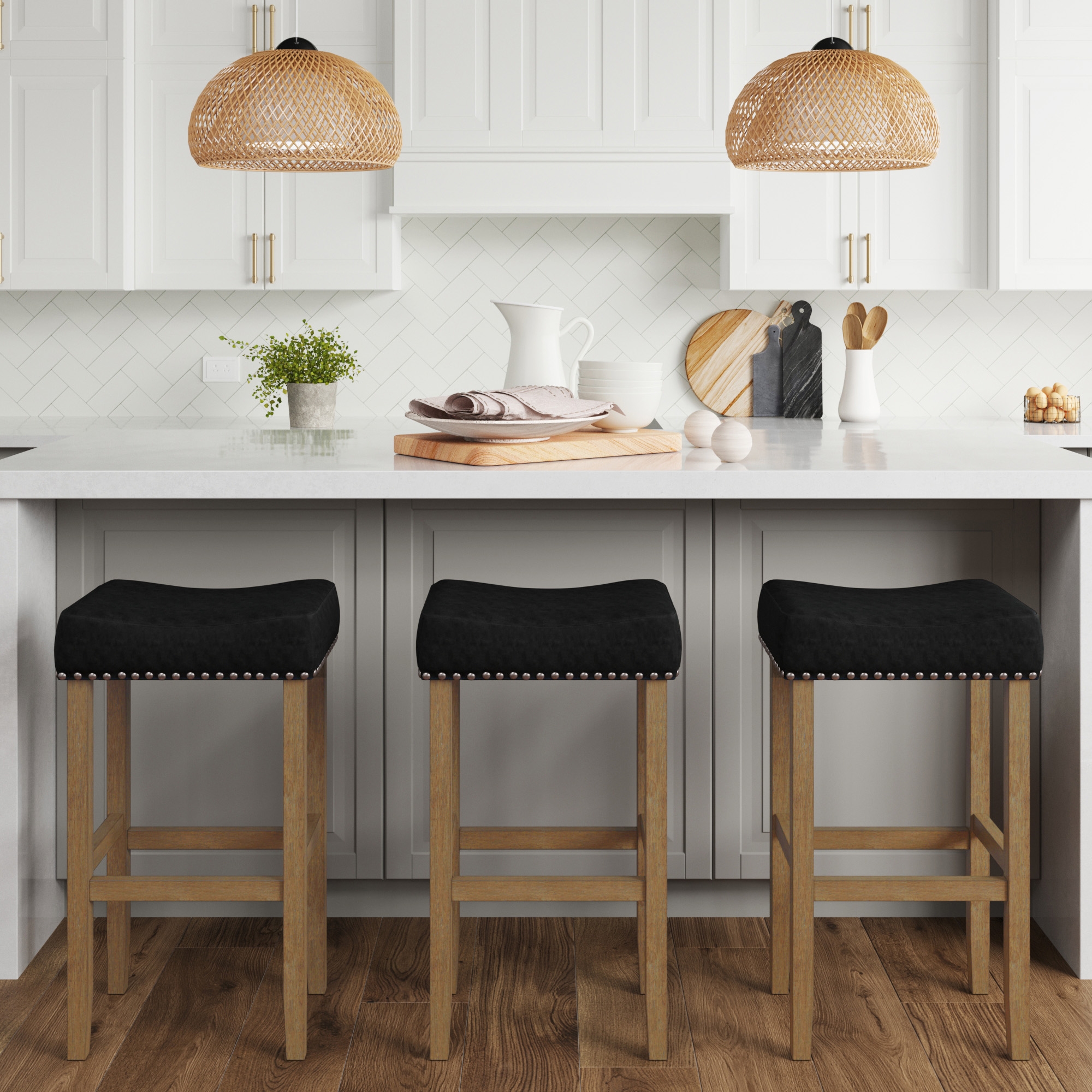 Nathan James Hylie Nailhead Wood Pub-Height Counter Bar Stool 29" Black Fabric Cushion Light Brown Finish