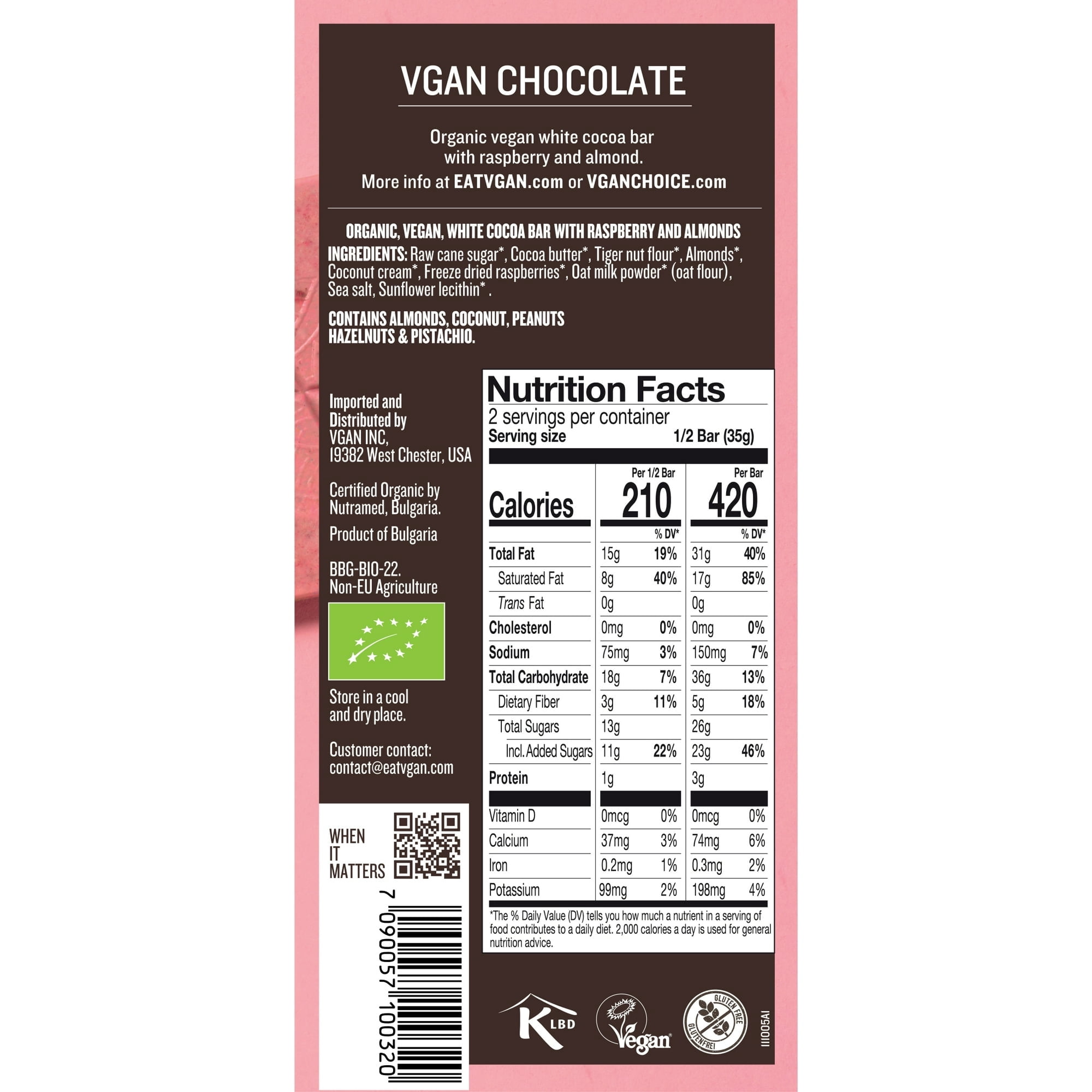 (Pack Of 6) VGAN Chocolate Bar White Raspberry Almond 2.46 Oz