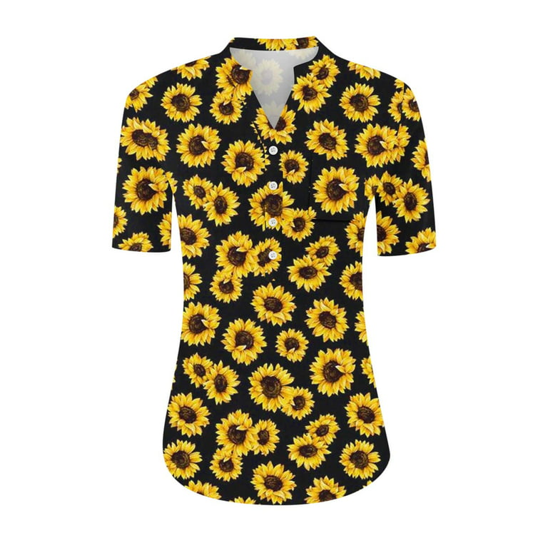 Wycnly Womens Tops Sunflower Print Short Sleeve V-Neck Tee Shirts