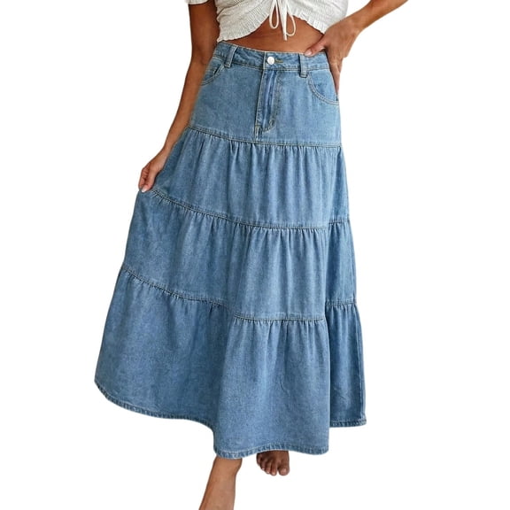 EMMIOL Women's High Waisted Tiered Denim Maxi Skirt Vintage A-Line Swing Jean Skirt with Pockets Casual Boho Style